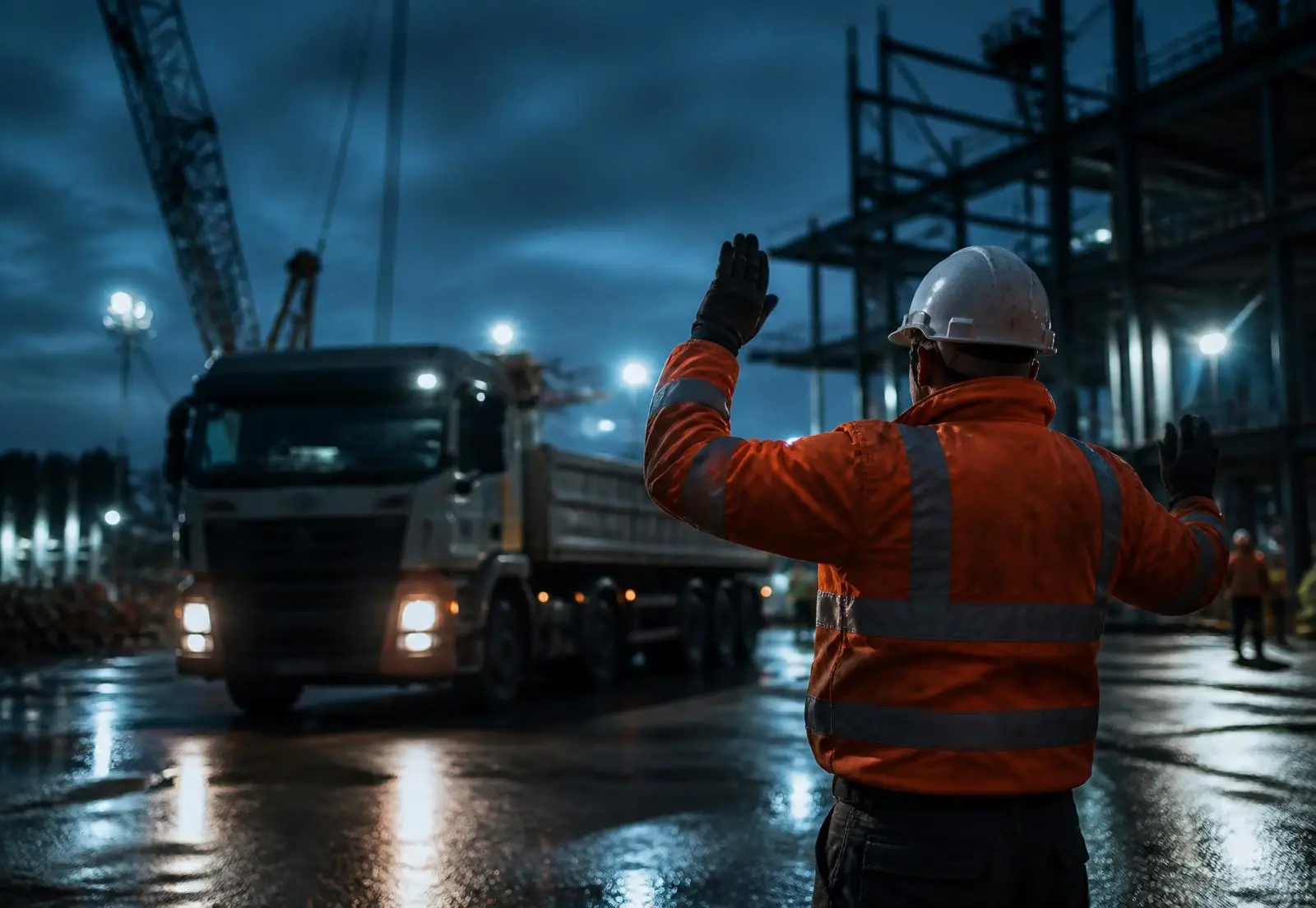 Banksman signalling to a reversing vehicle on a construction site